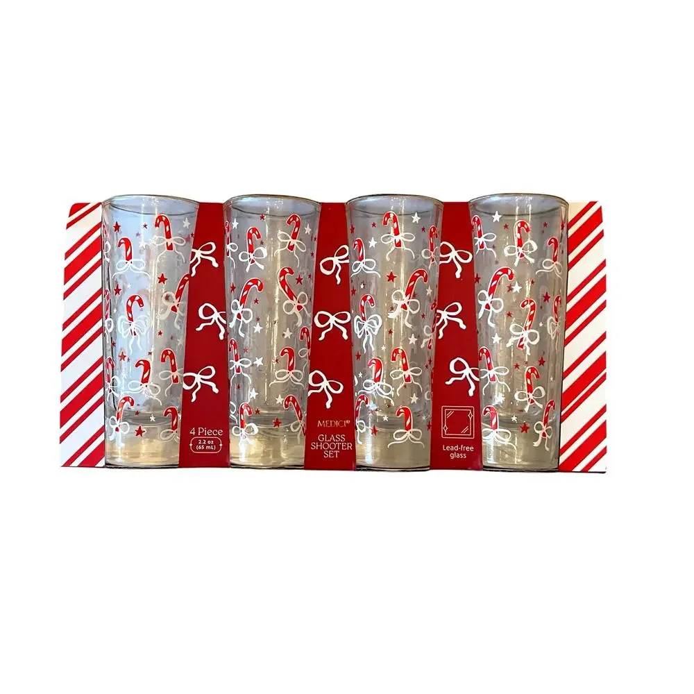 Christmas Candy Canes & Bows Shot Glasses Set of 4 Chic Holiday Barware New